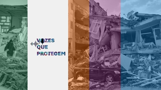 A imagem ilustra habitações degradadas como resultado da ocorrência de um sismo.